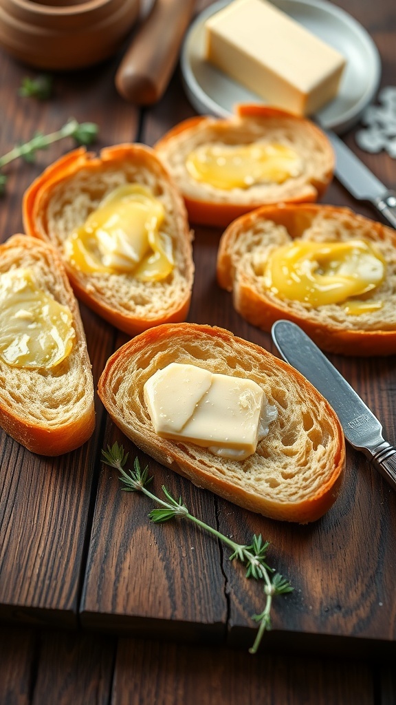 Classic Buttered Bread Recipe Slices of freshly buttered bread on a rustic table, garnished with herbs.
